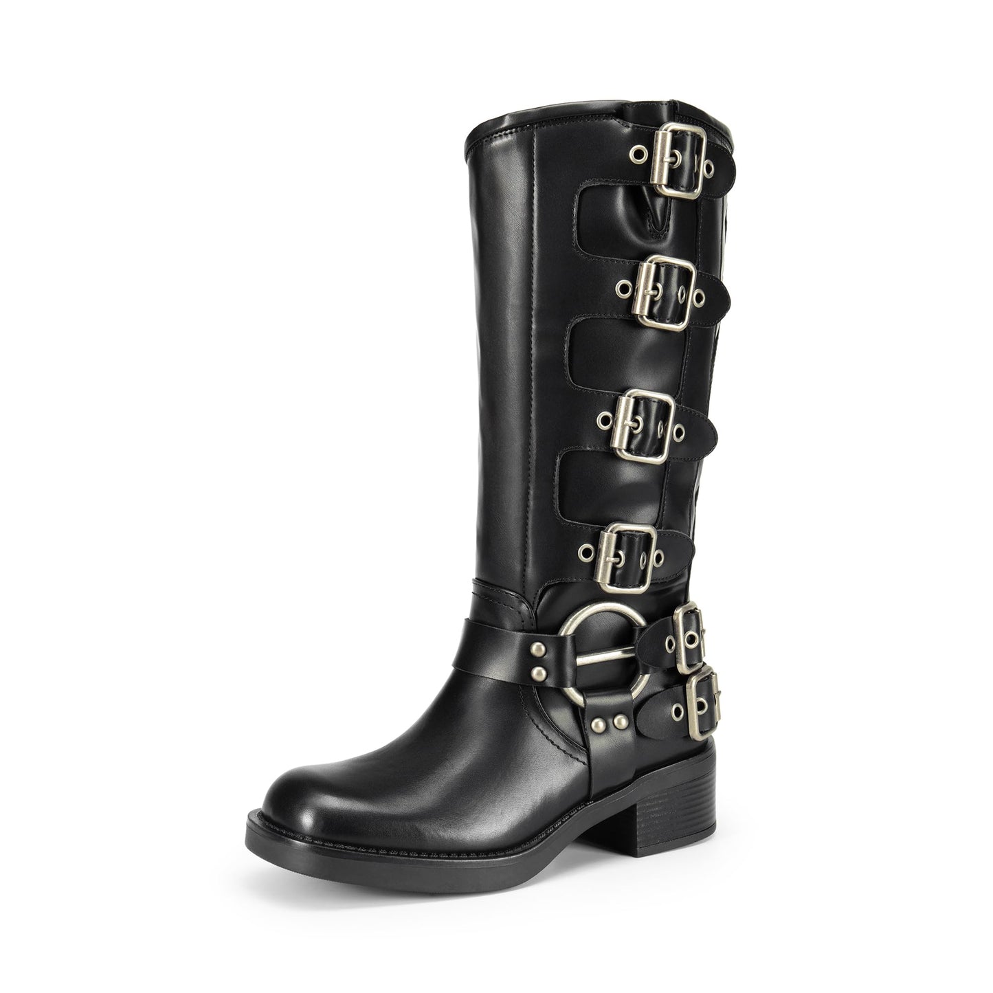 DREAM PAIRS Women's Knee High Riding Boots Side Zipper Motorcycle Boots Square Toe Chunky Heel Fashion Buckles Biker Boots