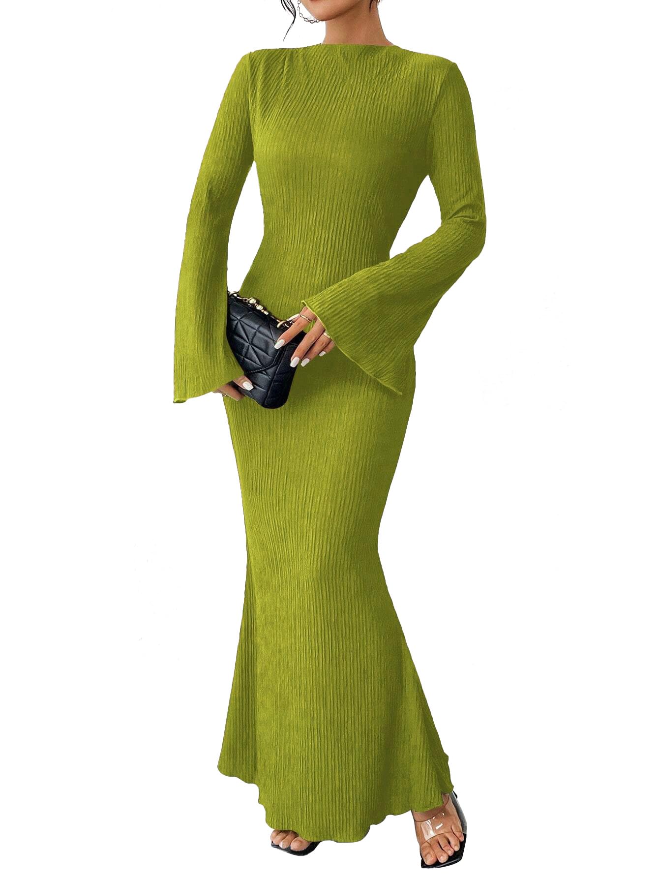 Narecte Fall Dresses for Women 2025 Maxi Dresses Solid Color Boho Dress Flare Sleeve Bodycon Dress