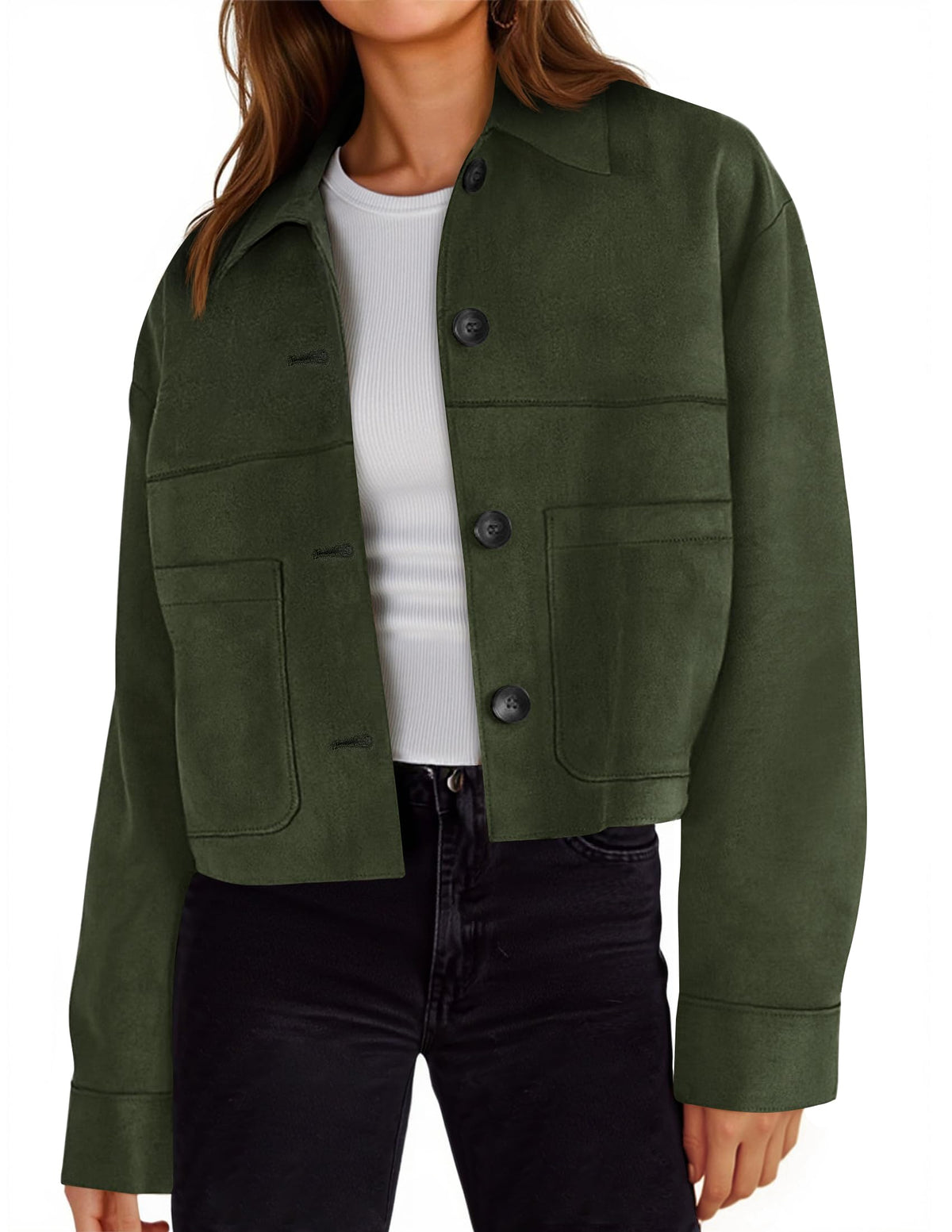 Tankaneo Womens Cropped Faux Suede Leather Jackets Lapel Collar Shackets