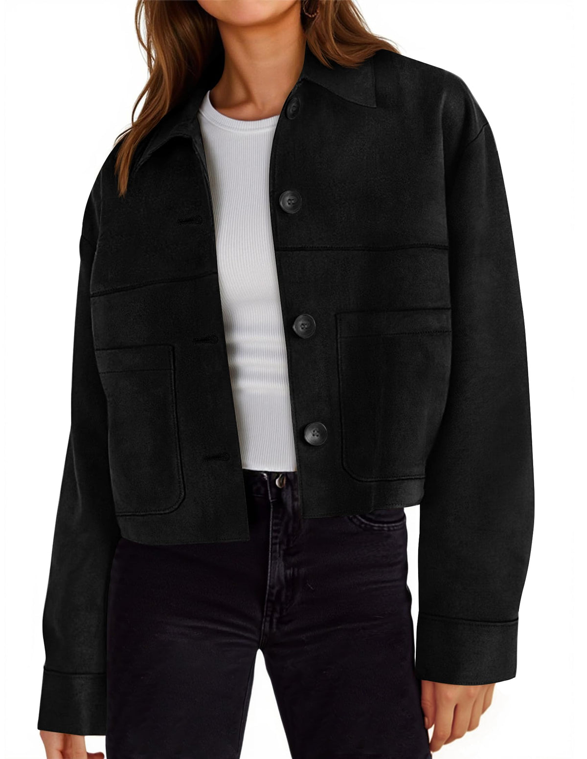 Tankaneo Womens Cropped Faux Suede Leather Jackets Lapel Collar Shackets