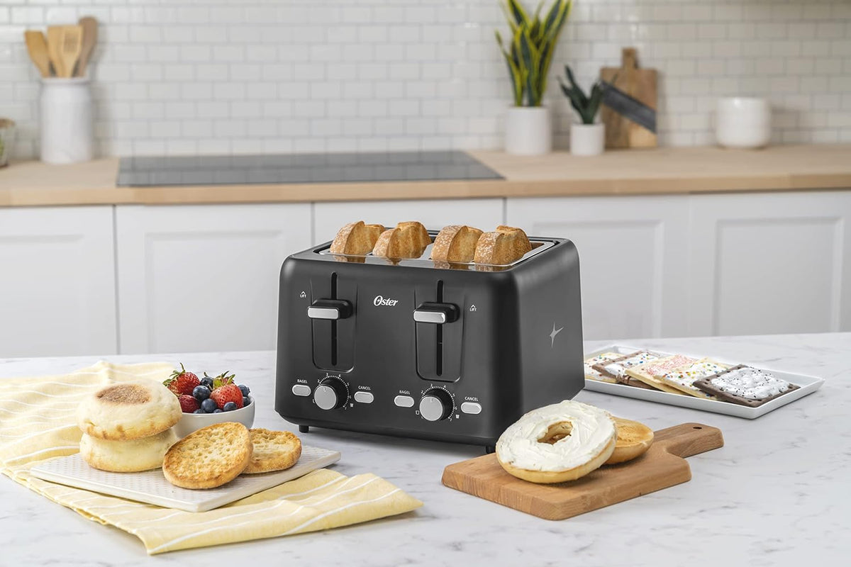 Oster 4-Slice Toaster with Bagel and Reheat Settings and Extra-Wide Slots, Black
