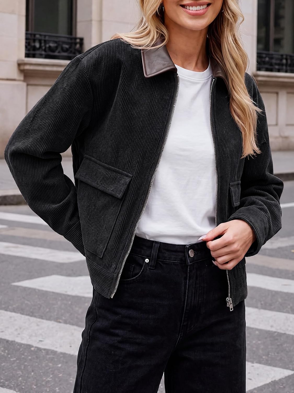 Tankaneo Womens Cropped Corduroy Jackets Oversized Zip Up Barn Bomber Coat