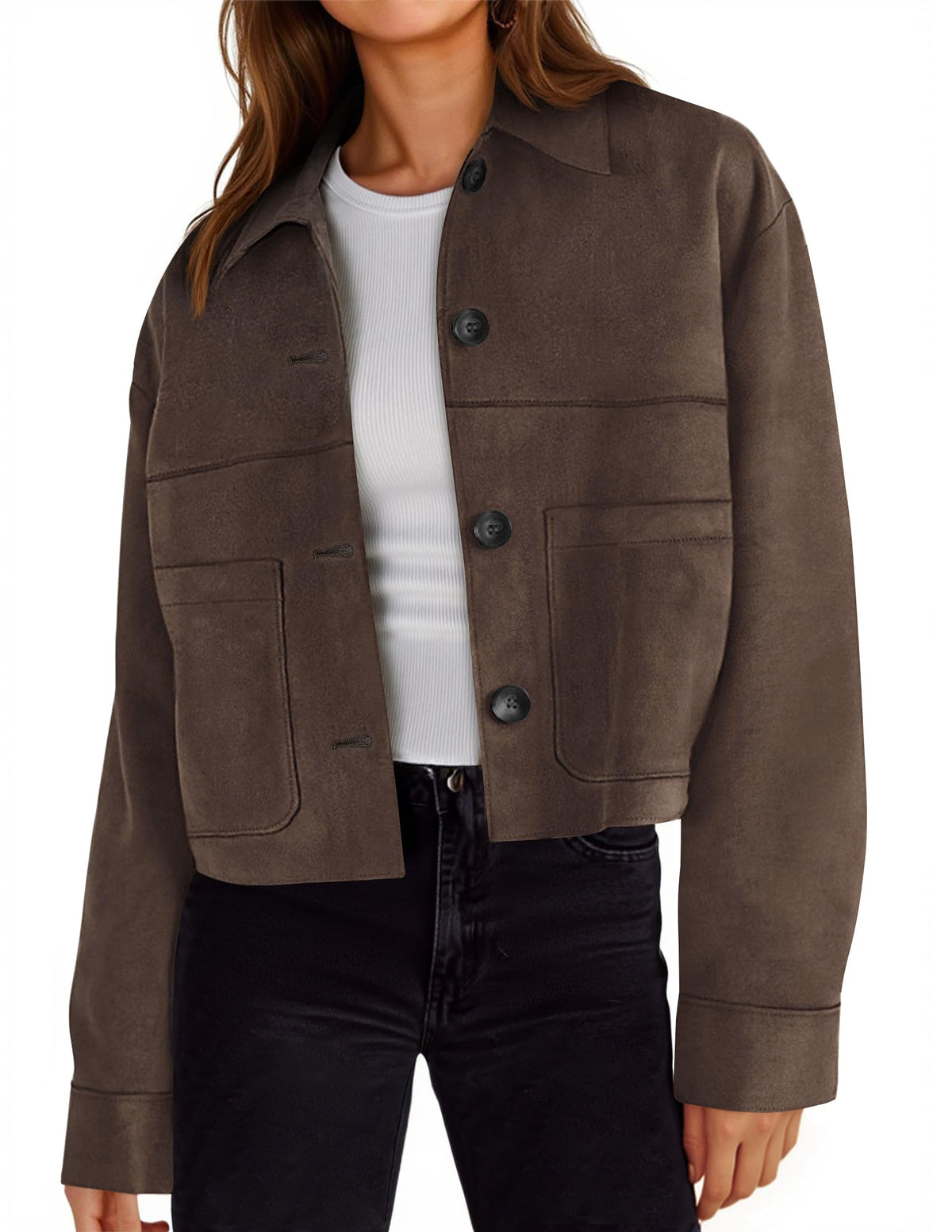 Tankaneo Womens Cropped Faux Suede Leather Jackets Lapel Collar Shackets