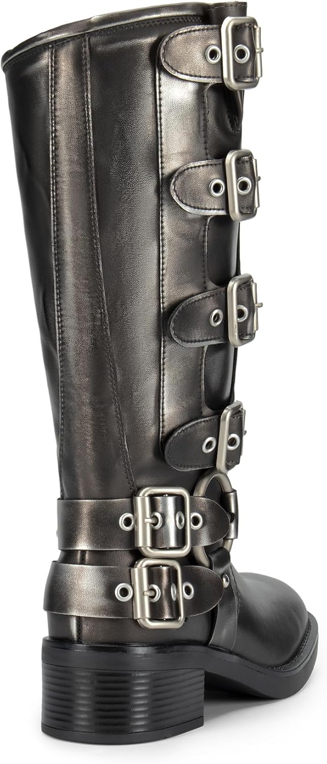 DREAM PAIRS Women's Knee High Riding Boots Side Zipper Motorcycle Boots Square Toe Chunky Heel Fashion Buckles Biker Boots