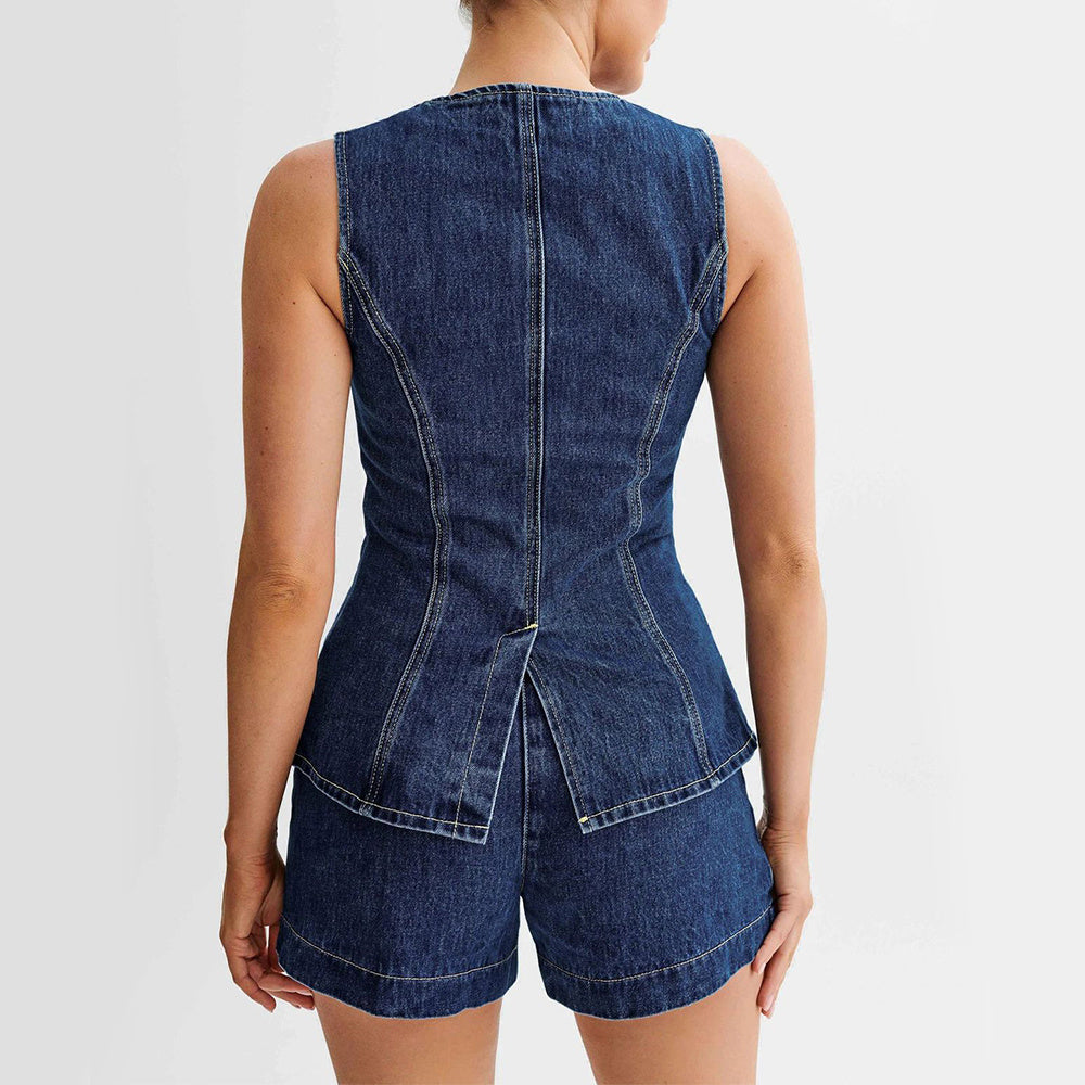 Fashion Denim Suit Summer Casual Sleeveless Button Vest Top