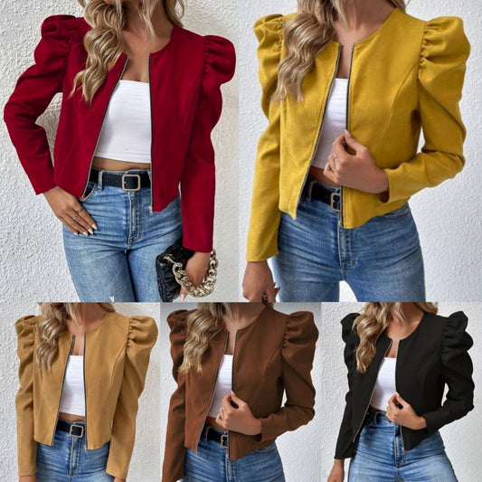 Round Neck Cardigan Zipper Bubble Long Sleeve Coat Women's Clothing