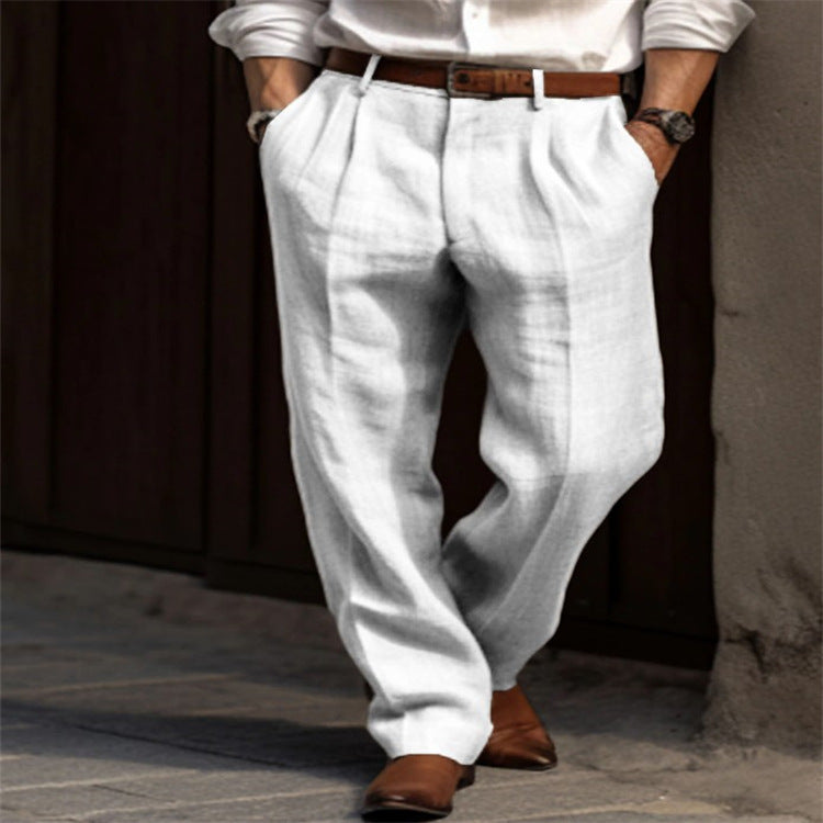 Men's Linen Trousers Double Pleated Front Pocket Straight