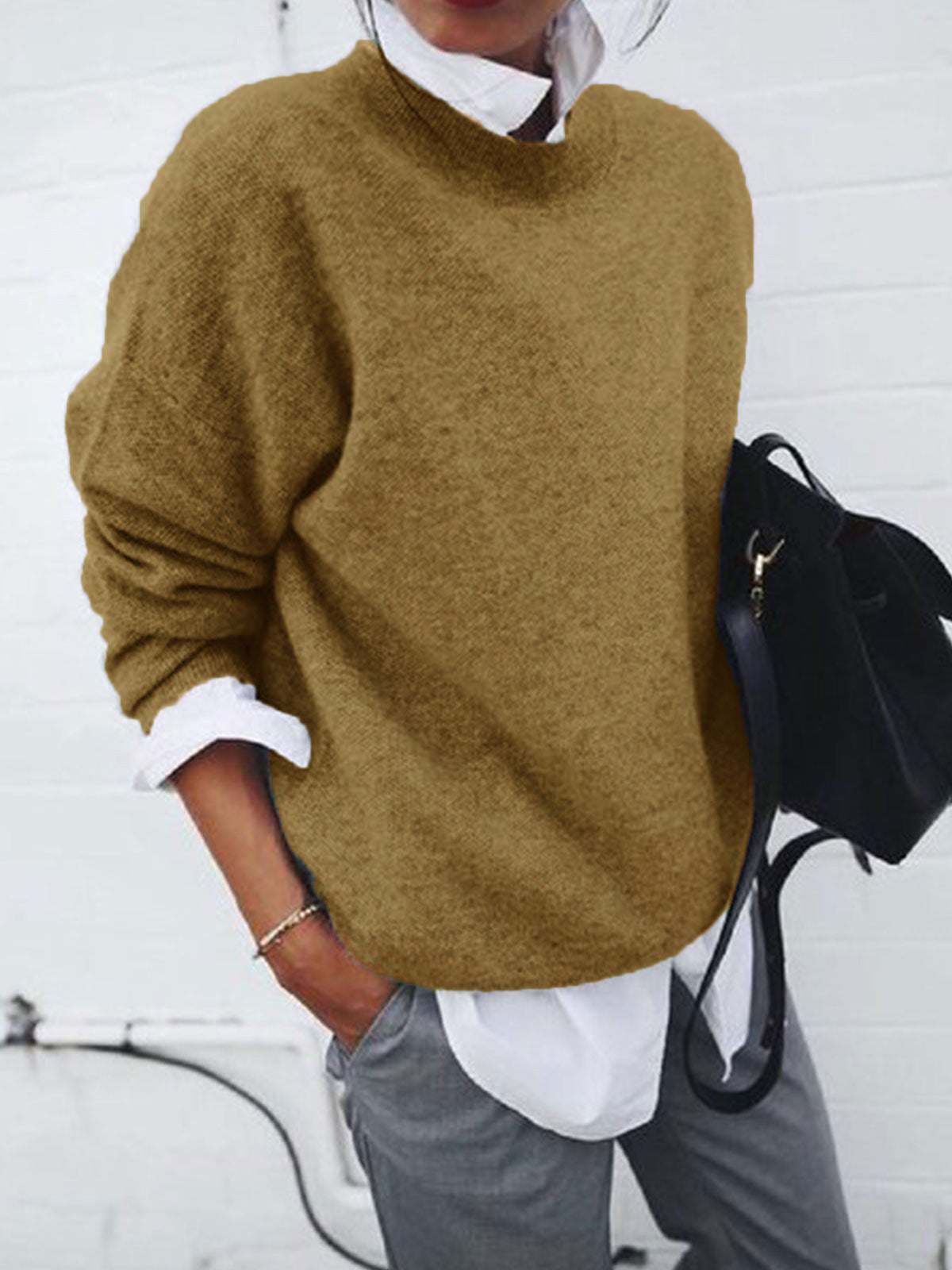 Fashion Long Sleeve Pullover Sweater Fall And Winter Fashion Solid Color Knitted Tops