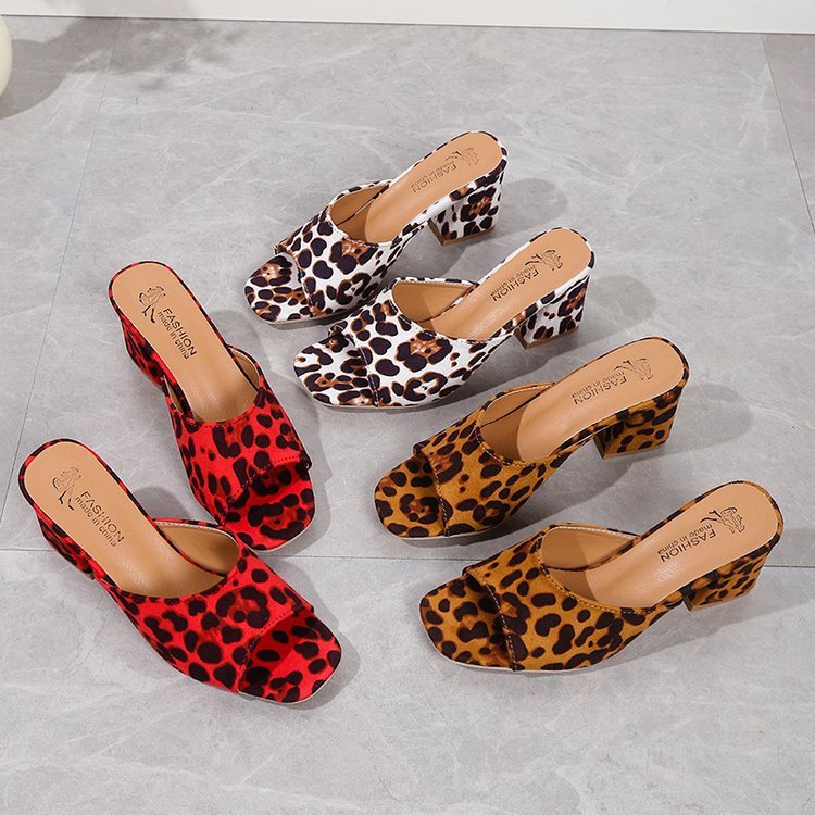 Leopard Square Toe Sandals Summer High-heeled Slippers