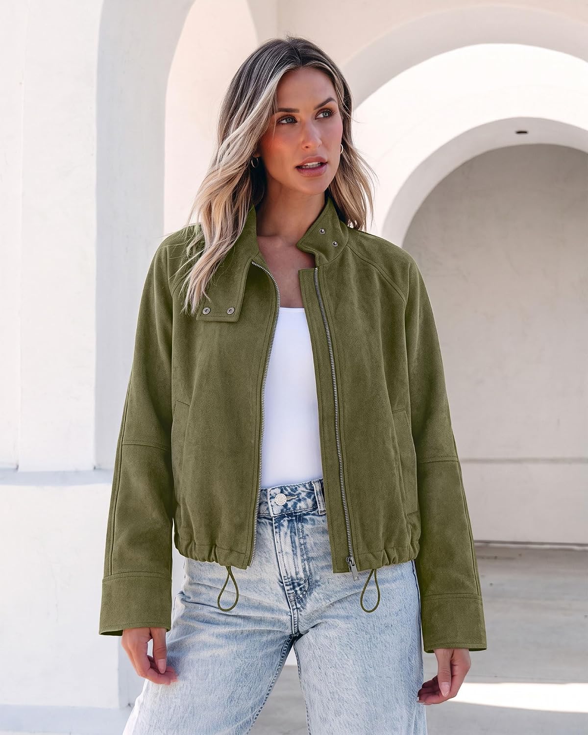 luvamia Faux Suede Jackets Women Oversized Cropped Funnel Neck Zip Up Coats