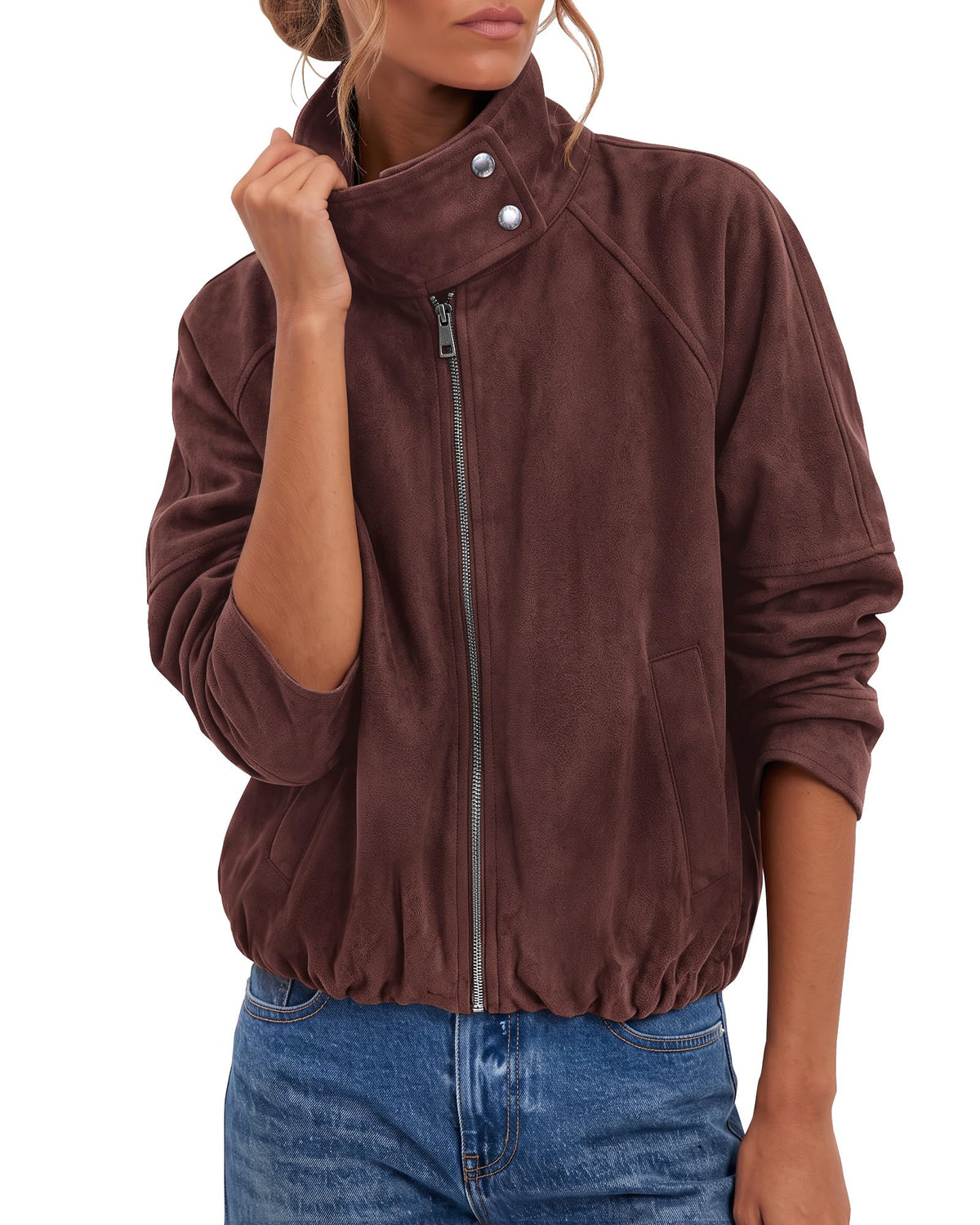 luvamia Faux Suede Jackets Women Oversized Cropped Funnel Neck Zip Up Coats