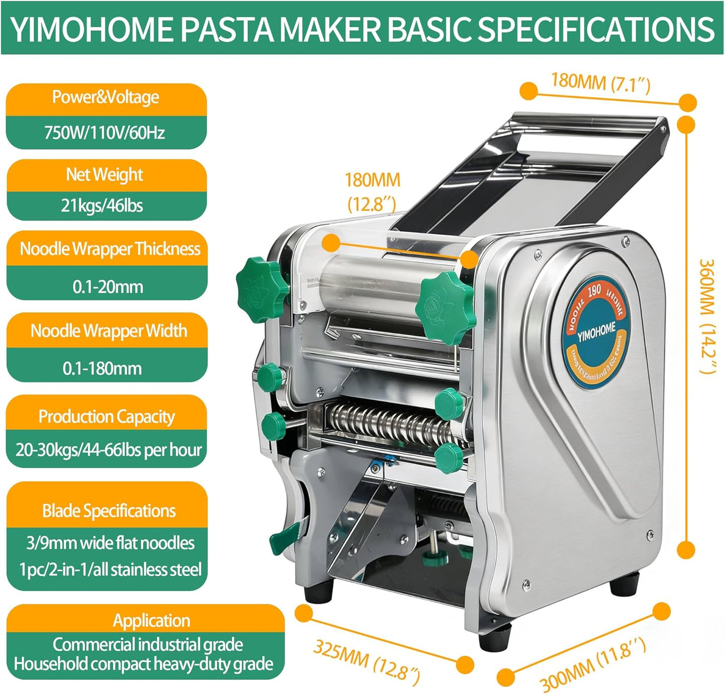 Commercial Electric Pasta Maker Machine for Business Restaurant,Auto Household Noodle Maker,All Stainless Steel Dough Roller,750W Strong Power Pasta Cutter,Heavy-Duty Dumpling Dough Sheeter