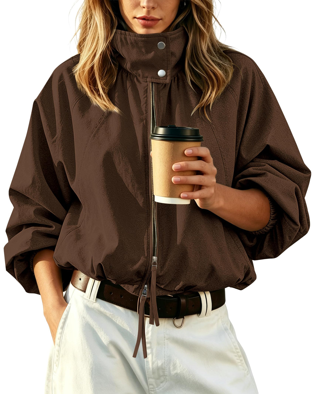 Womens Bomber Jacket Puffed Collar Trench Coat Funnel Neck Cropped Jackets