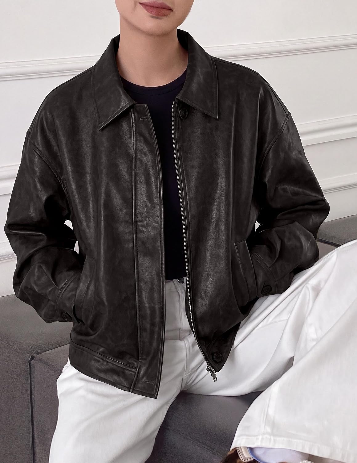 PRETTYGARDEN Women's Faux Leather Oversized Motorcycle Jackets