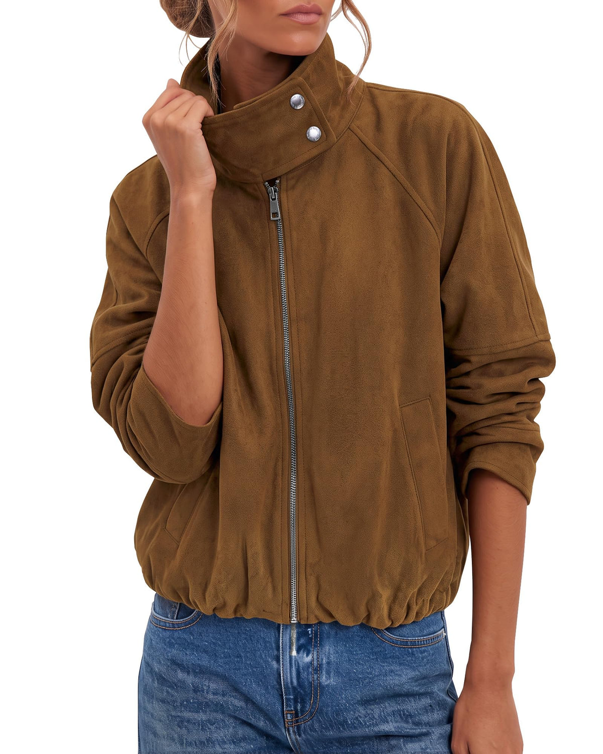 luvamia Faux Suede Jackets Women Oversized Cropped Funnel Neck Zip Up Coats