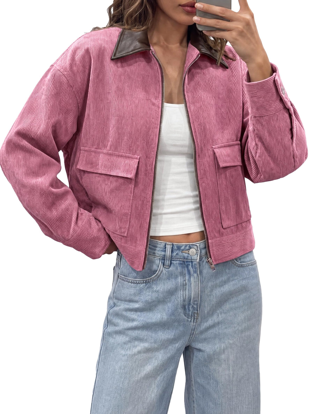 Tankaneo Womens Cropped Corduroy Jackets Oversized Zip Up Barn Bomber Coat