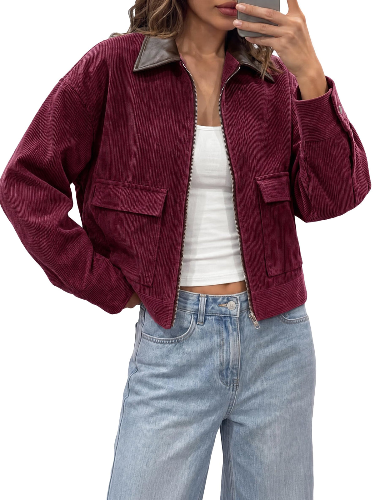 Tankaneo Womens Cropped Corduroy Jackets Oversized Zip Up Barn Bomber Coat
