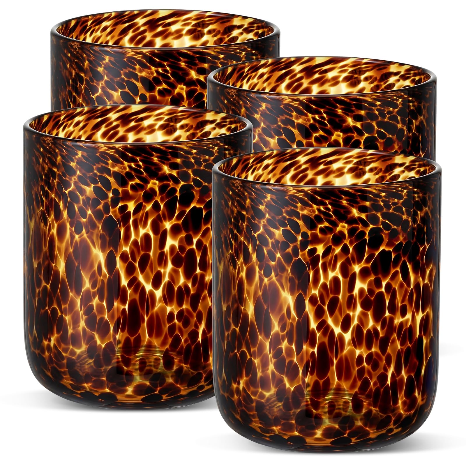 Honeydak Set of 4 Tortoise Leopard Print Brown 16oz Rocks Glasses Stylish Stemless Cocktail Cups Glass Glassware Tumbler Ideal for Gin, Tequila, Vodka, Soft Drinks