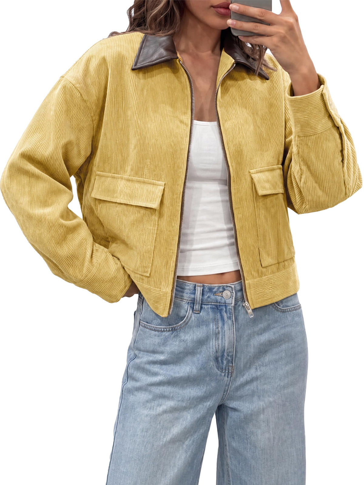 Tankaneo Womens Cropped Corduroy Jackets Oversized Zip Up Barn Bomber Coat