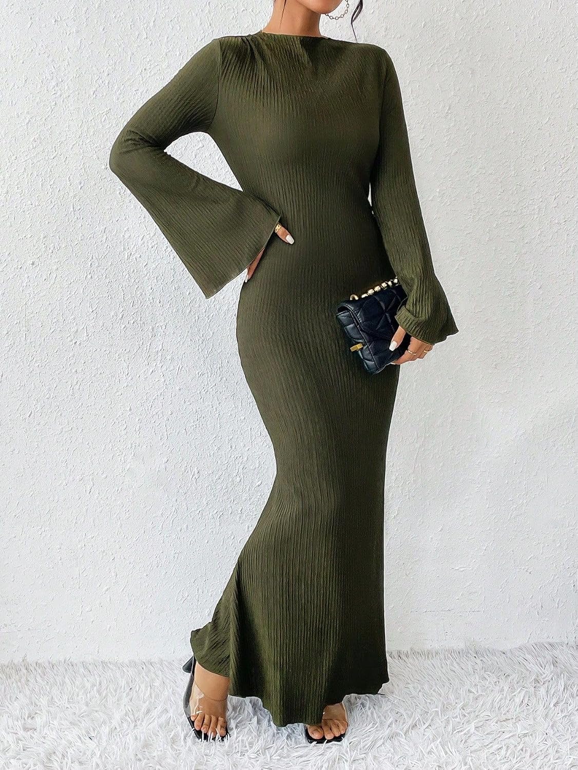 Narecte Fall Dresses for Women 2025 Maxi Dresses Solid Color Boho Dress Flare Sleeve Bodycon Dress