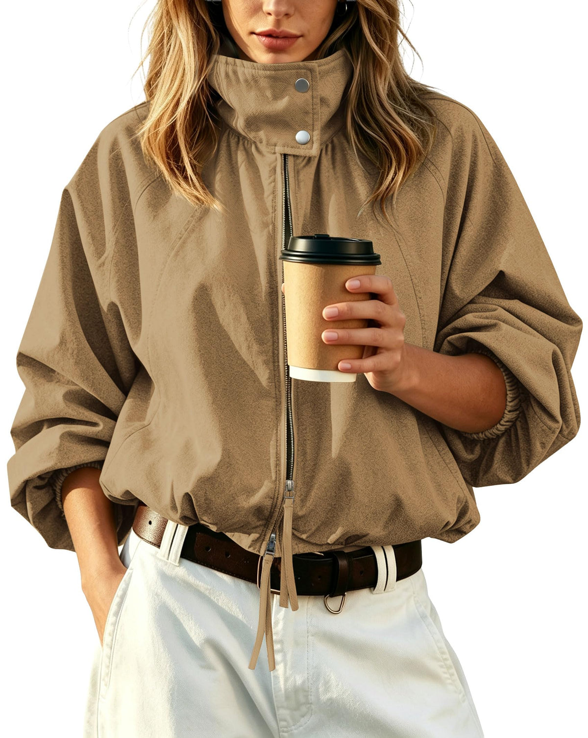 Womens Bomber Jacket Puffed Collar Trench Coat Funnel Neck Cropped Jackets