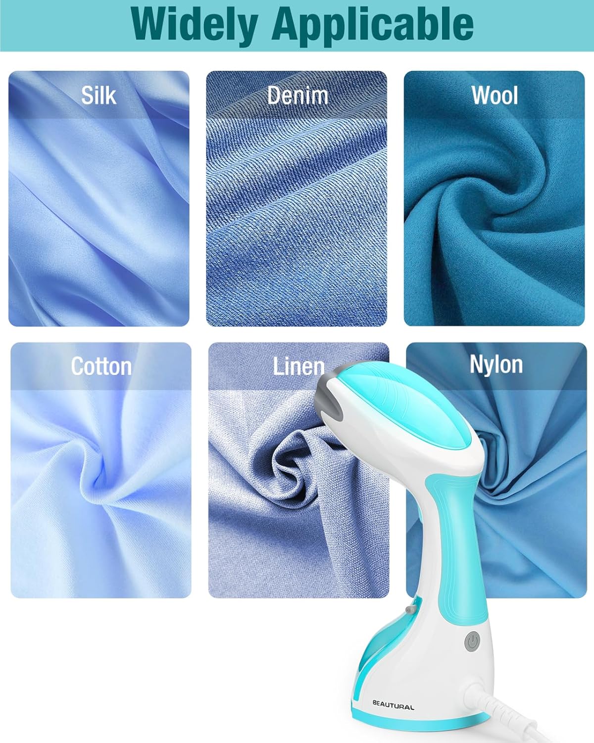 BEAUTURAL 1200-Watt Handheld Steamer for Clothes, 30-Second Heat-up, 8.79-Ounce Water Tank, Aqua