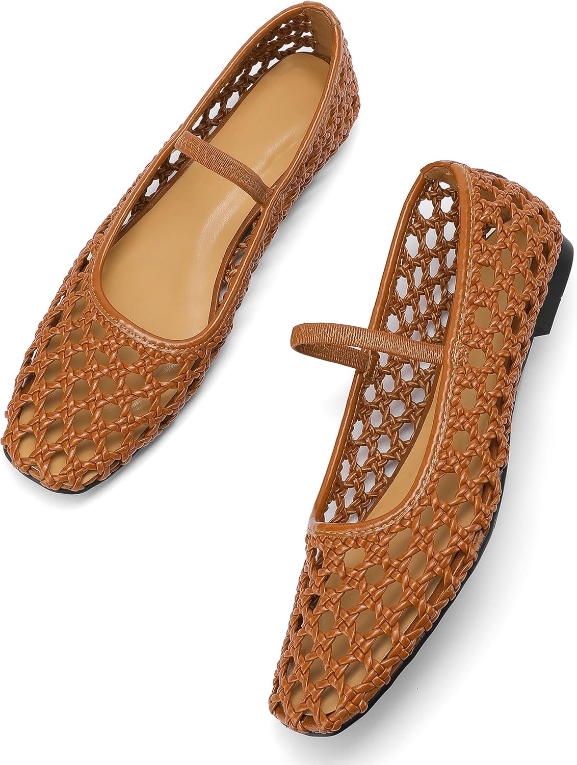 Woven Mesh Ballet Flats Shoes for Women with Elastic Strap Square Toe Breathable Slip On Flat Mary Janes Dress Casual Shoes