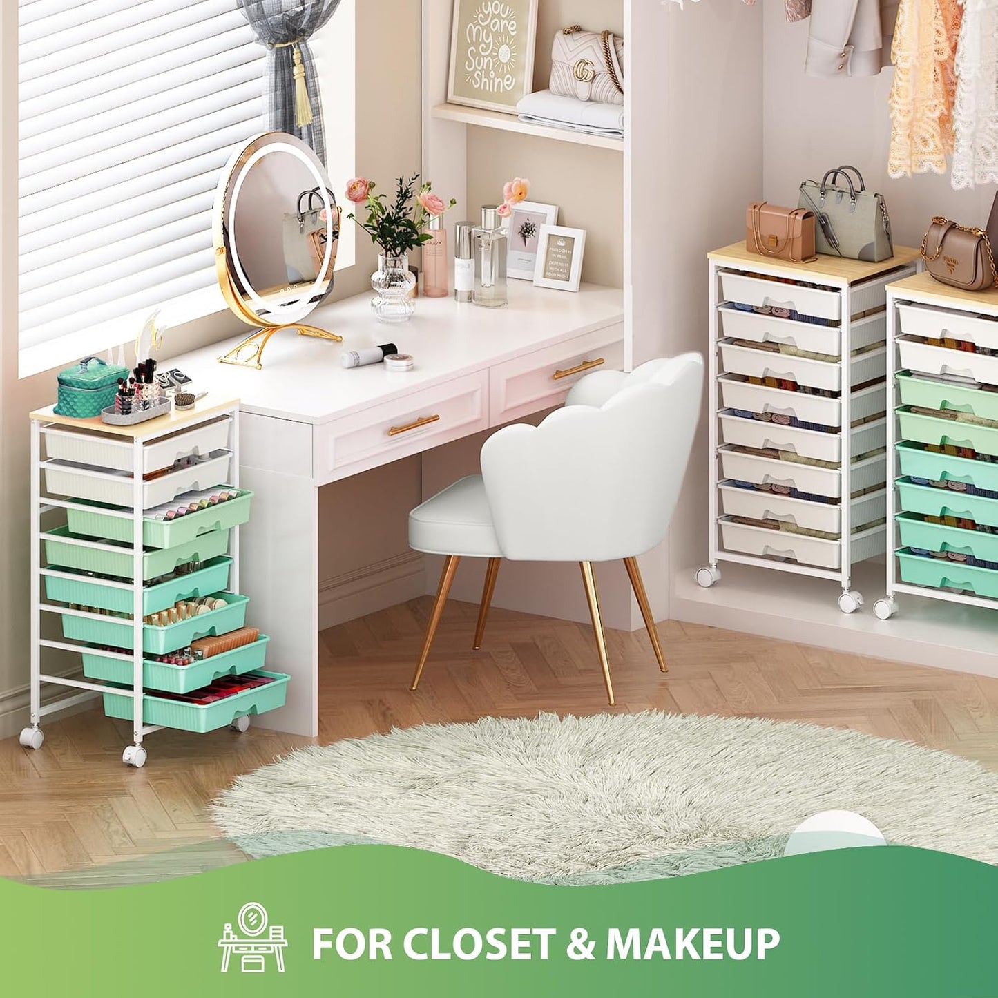 Goovilla Rolling Cart with 8 Drawers for Art, Dorm, Office, Craft, Green