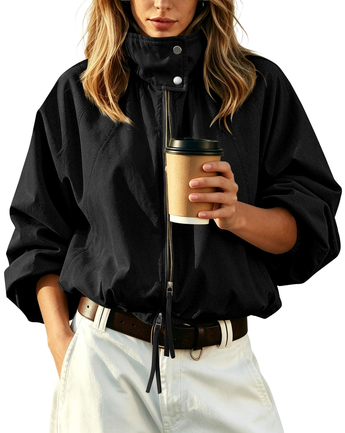 Womens Bomber Jacket Puffed Collar Trench Coat Funnel Neck Cropped Jackets