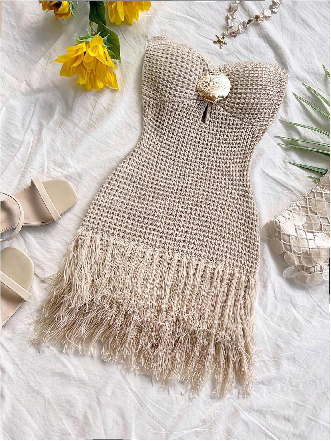 SweatyRocks Women's Boho Summer Vacation Strapless Crochet Fringe Tube Top Mini Dress