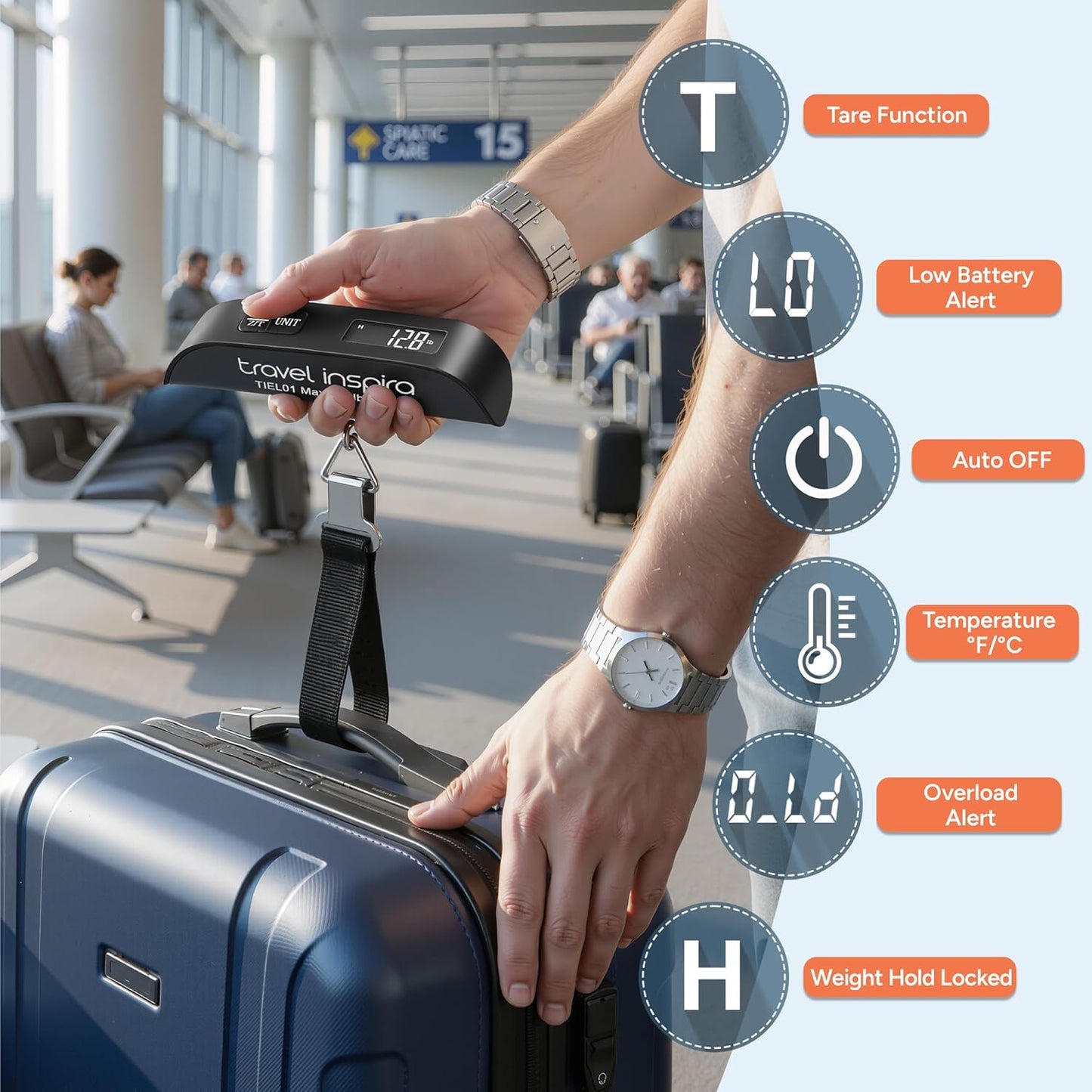 travel inspira Luggage Scale, Portable Digital Hanging Baggage Scale for Travel, Suitcase Weight Scale with Rubber Paint, 110 Pounds, Battery Included - Black