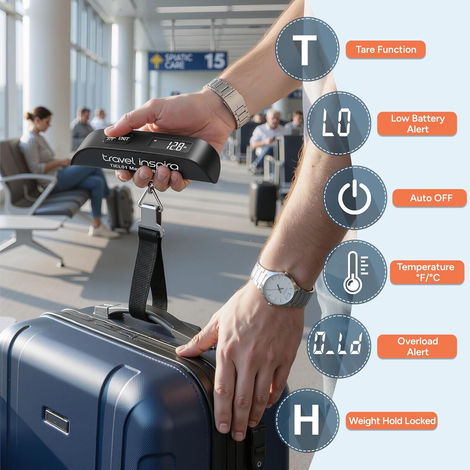 travel inspira Luggage Scale, Portable Digital Hanging Baggage Scale for Travel, Suitcase Weight Scale with Rubber Paint, 110 Pounds, Battery Included - Black