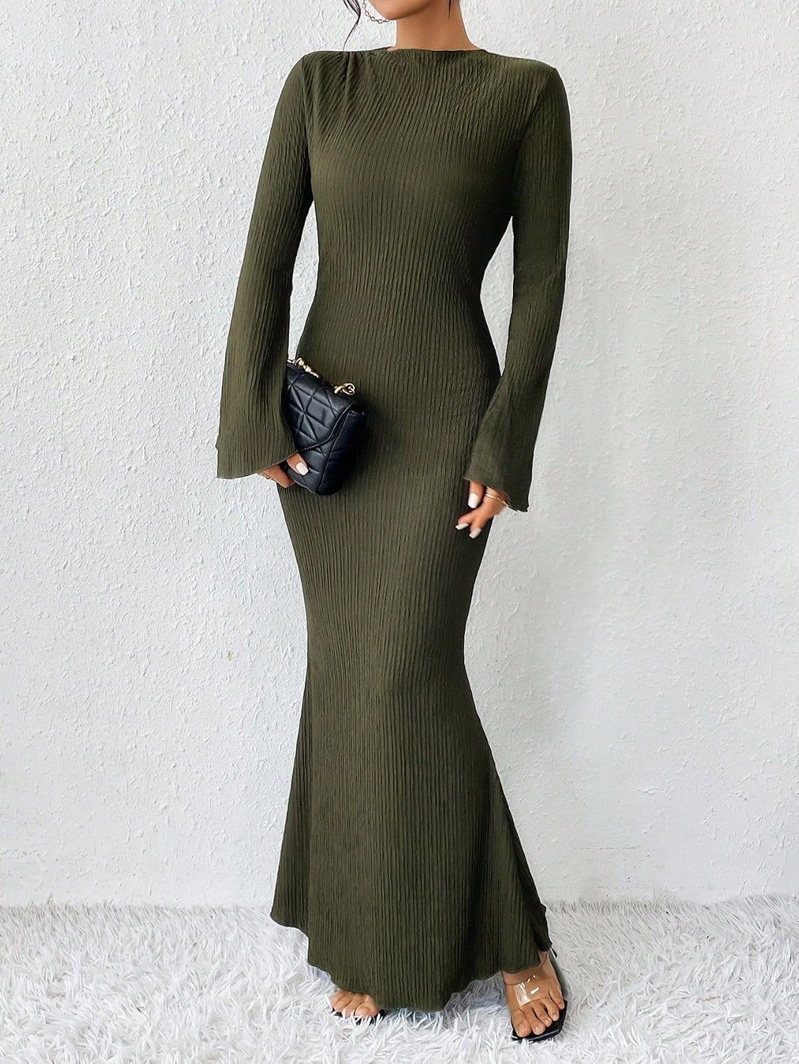 Narecte Fall Dresses for Women 2025 Maxi Dresses Solid Color Boho Dress Flare Sleeve Bodycon Dress