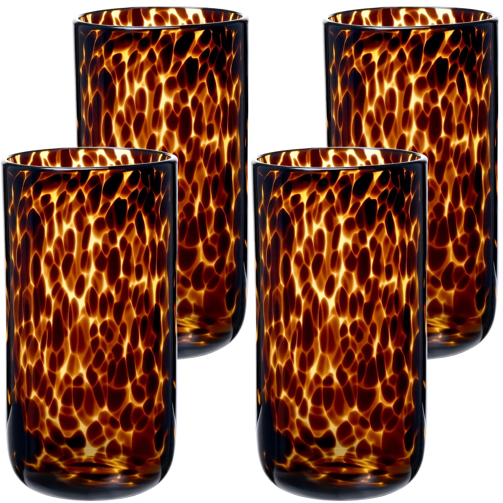 Honeydak Set of 4 Tortoise Leopard Print Brown 16oz Rocks Glasses Stylish Stemless Cocktail Cups Glass Glassware Tumbler Ideal for Gin, Tequila, Vodka, Soft Drinks