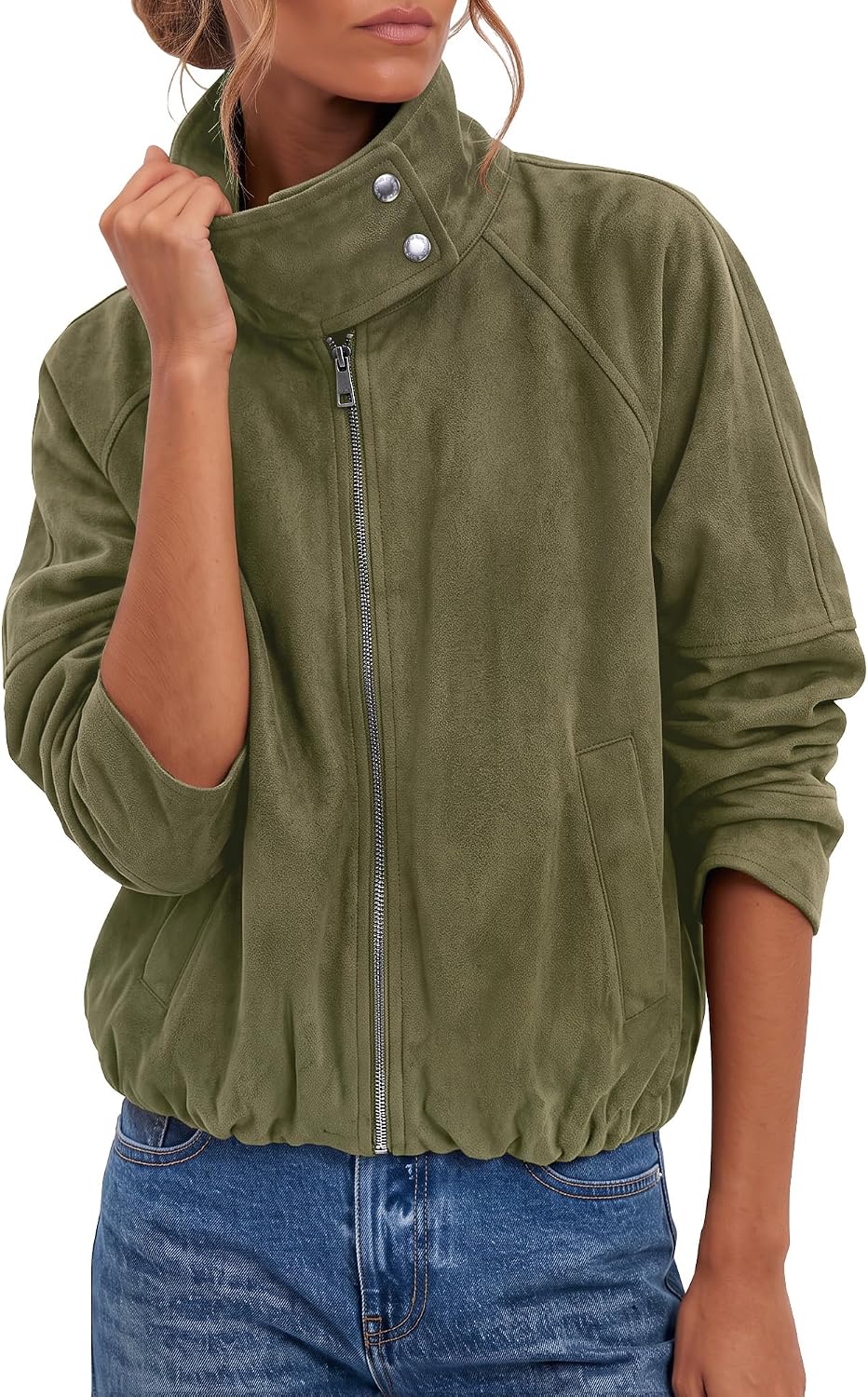 luvamia Faux Suede Jackets Women Oversized Cropped Funnel Neck Zip Up Coats