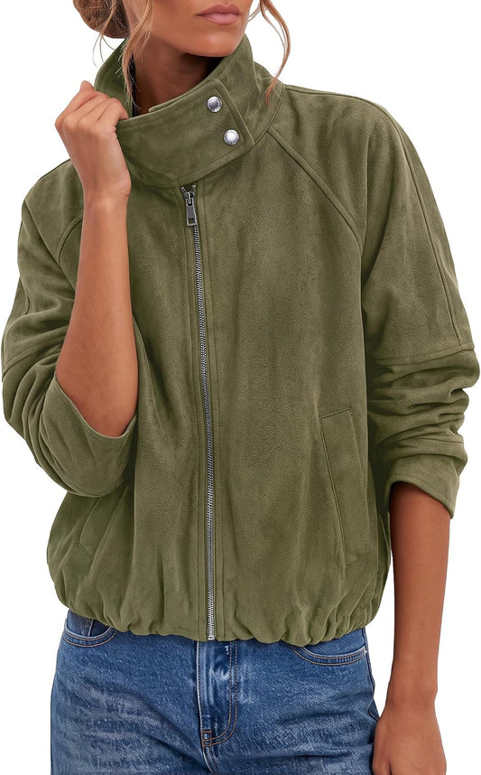 luvamia Faux Suede Jackets Women Oversized Cropped Funnel Neck Zip Up Coats