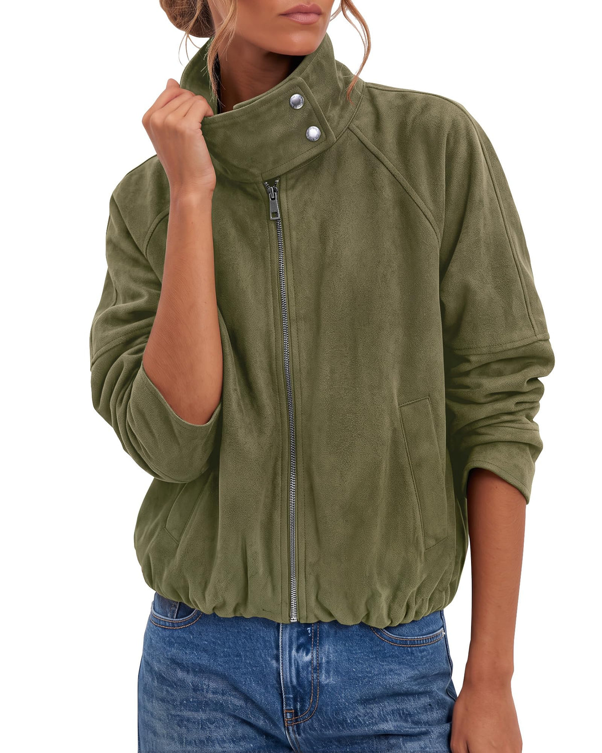 luvamia Faux Suede Jackets Women Oversized Cropped Funnel Neck Zip Up Coats