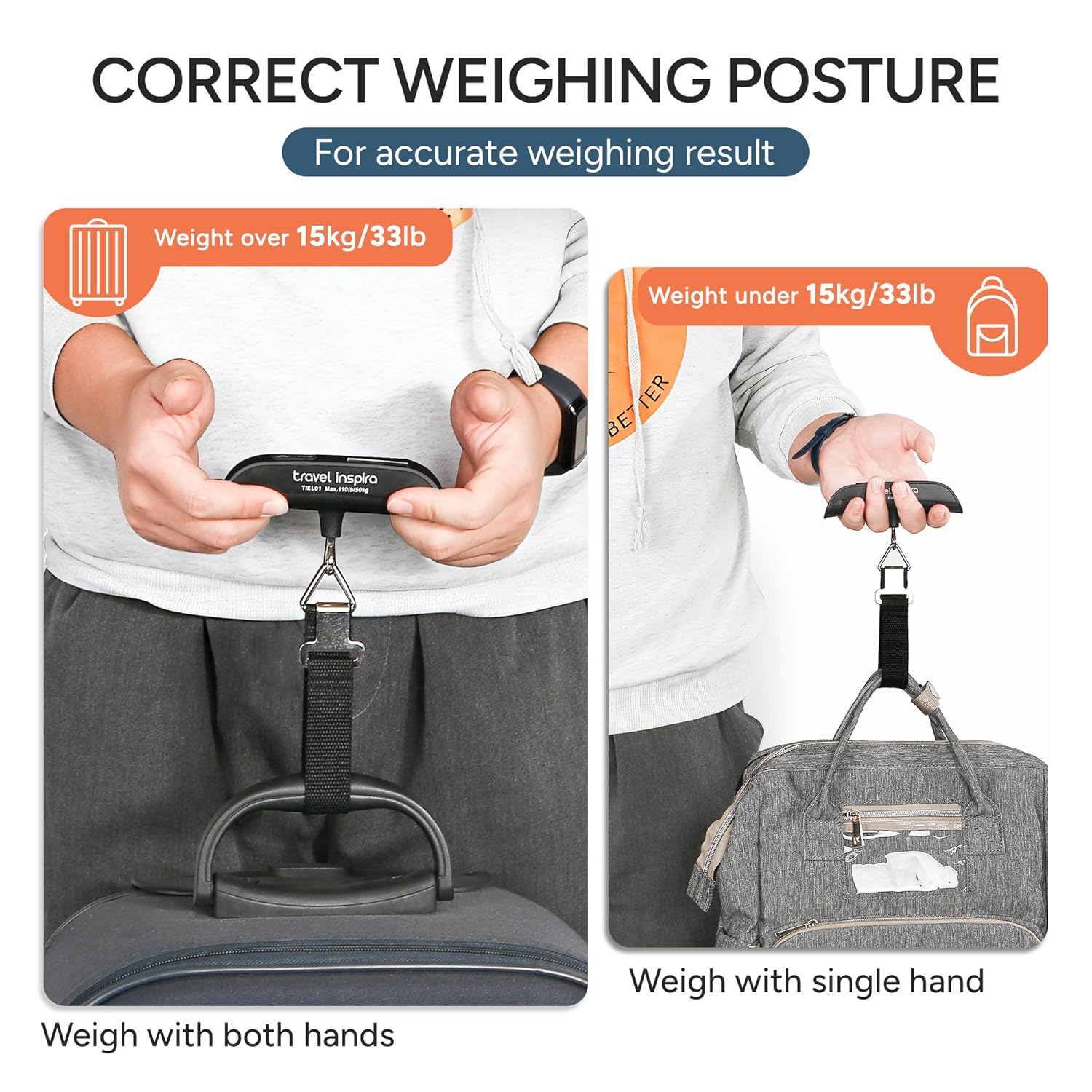 travel inspira Luggage Scale, Portable Digital Hanging Baggage Scale for Travel, Suitcase Weight Scale with Rubber Paint, 110 Pounds, Battery Included - Black
