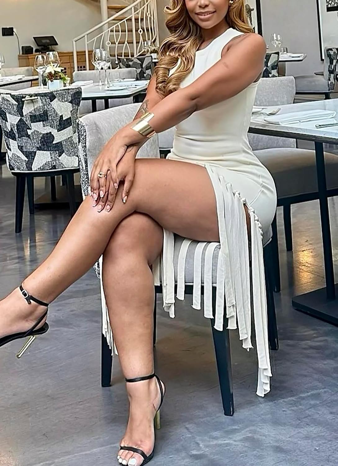 Ryehack Women’s Sexy Bodycon Midi Dress Elegant Sleeveless Asymmetrical Fringe Cocktail Prom Party Dress with Metal Bead