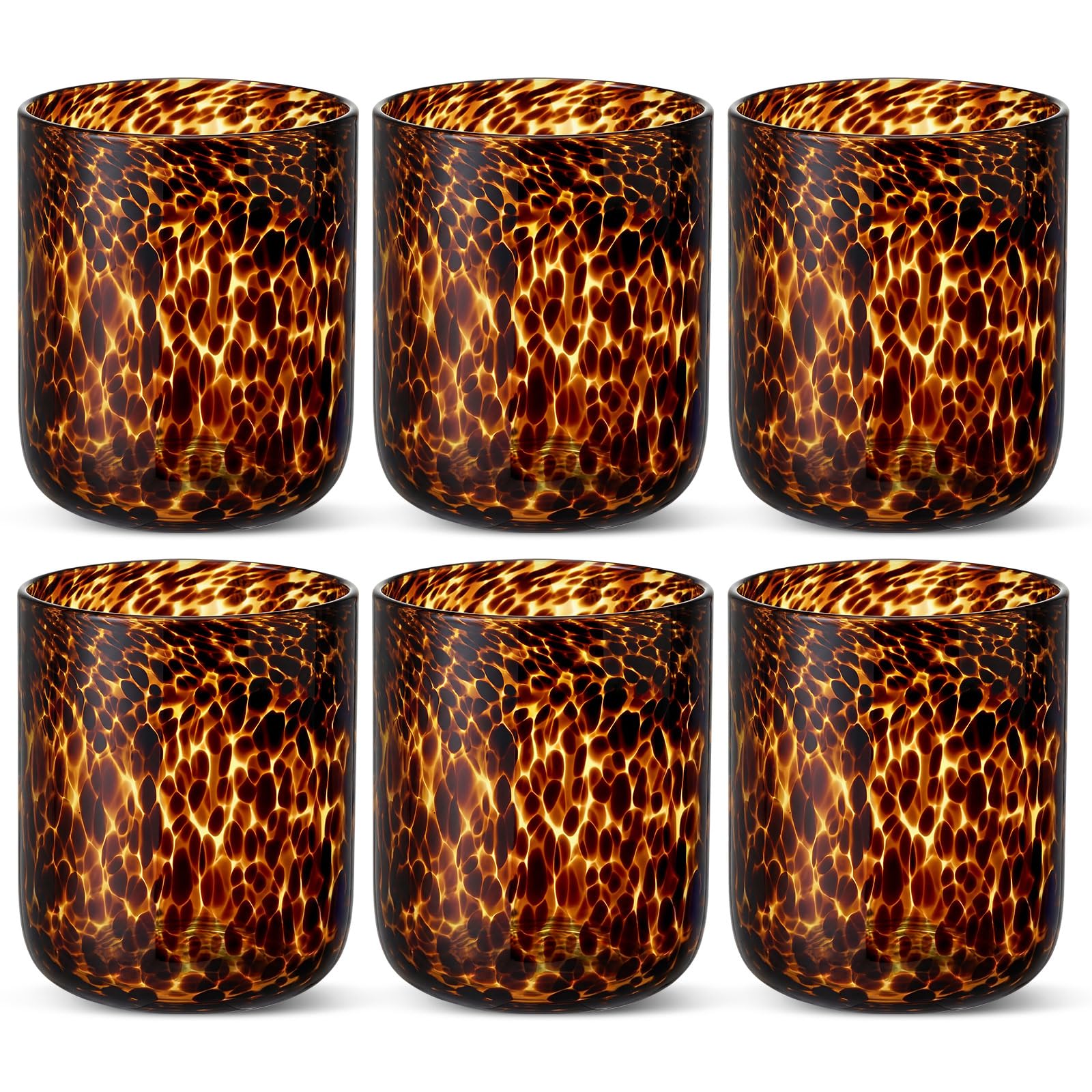 Honeydak Set of 4 Tortoise Leopard Print Brown 16oz Rocks Glasses Stylish Stemless Cocktail Cups Glass Glassware Tumbler Ideal for Gin, Tequila, Vodka, Soft Drinks