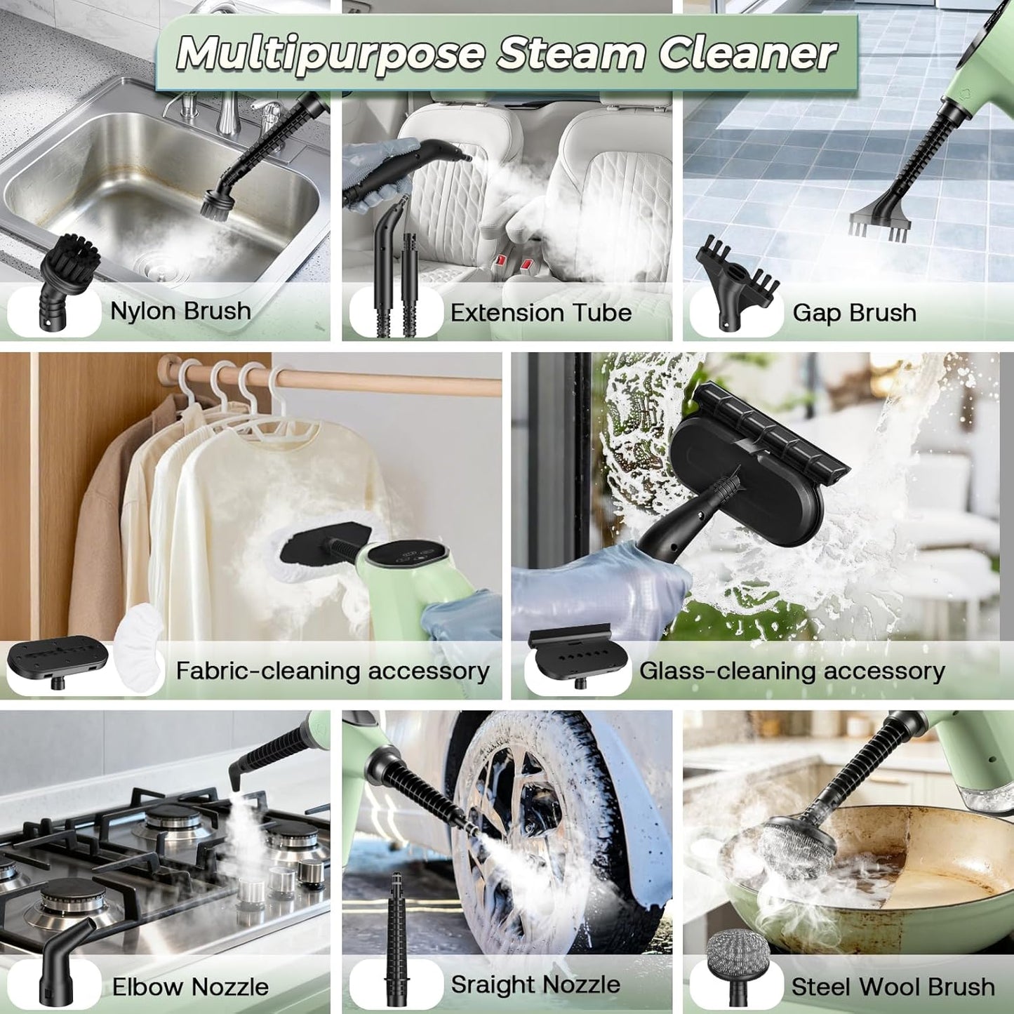 Handheld Steam Cleaner, Portable Steamer for Cleaning with 18PCS Accessories, 12s Fast Heating, Pressurized Steam Cleaner for Home, Kitchen, Bathroom, Car Detailing, Window, and Clothes, Green