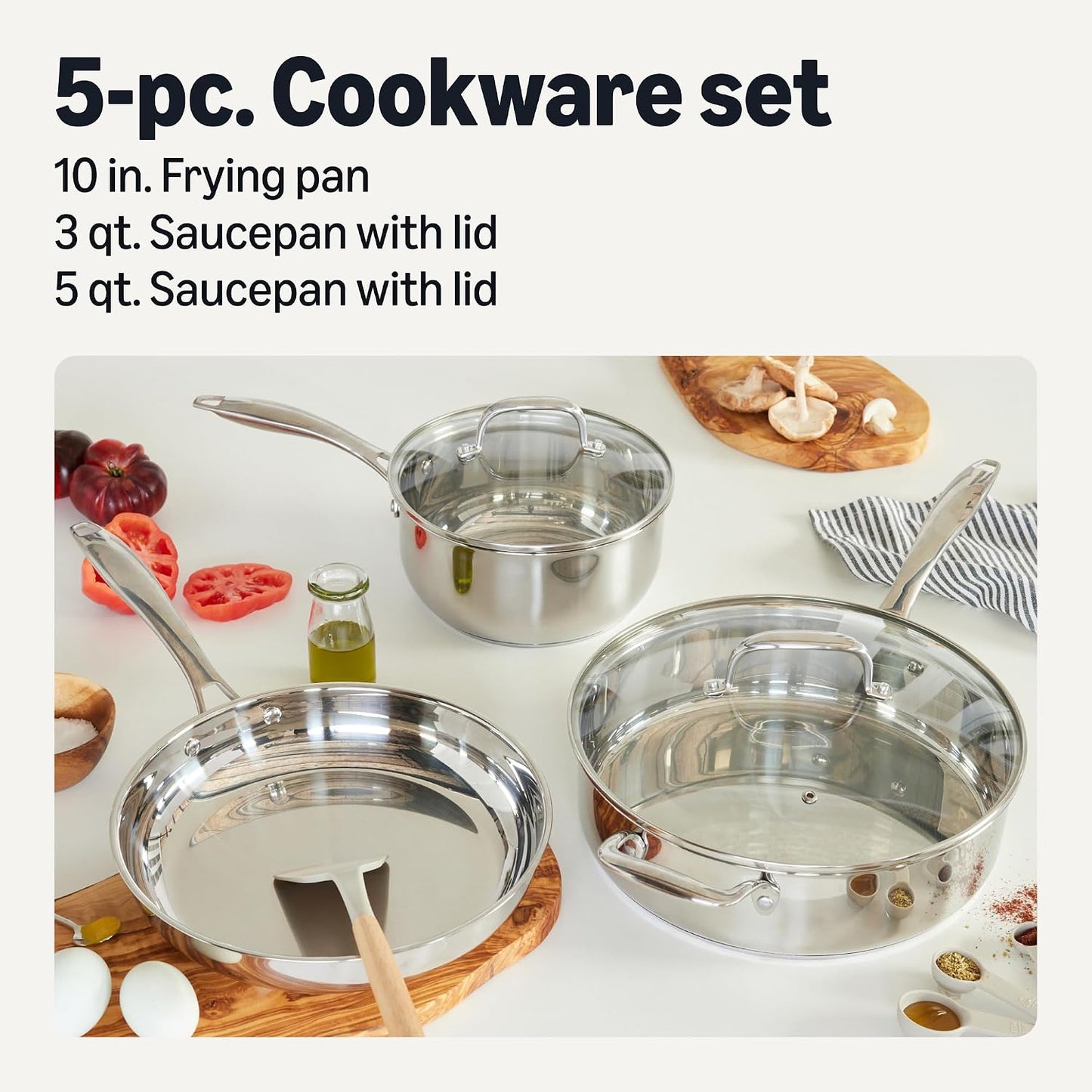 Amazon Basics Stainless Steel Cookware Set, 5-Piece, All Cooktop Friendly, Dishwasher-Safe, Induction Compatible
