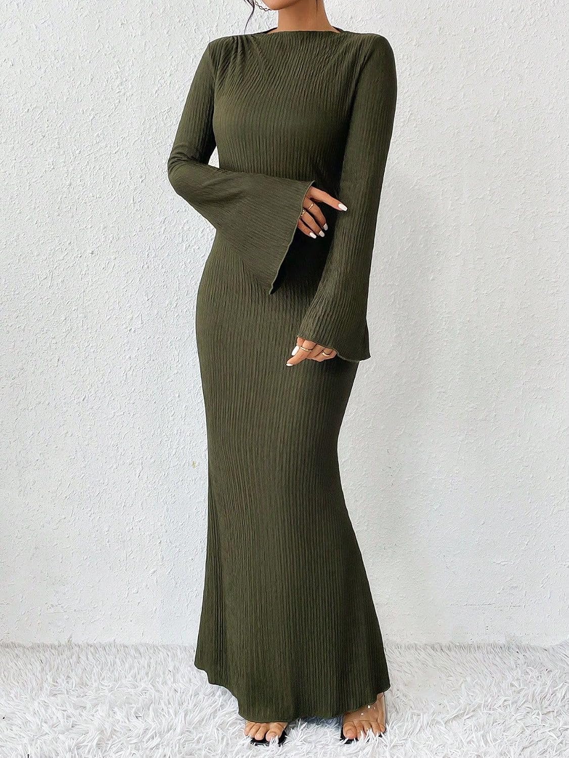 Narecte Fall Dresses for Women 2025 Maxi Dresses Solid Color Boho Dress Flare Sleeve Bodycon Dress