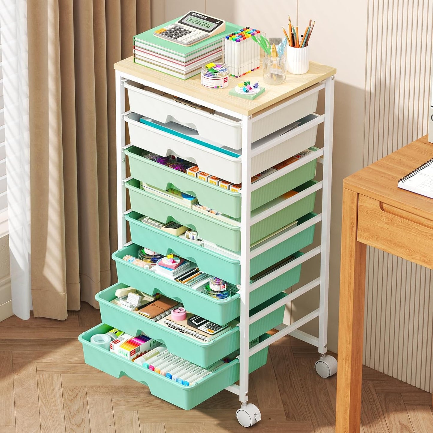 Goovilla Rolling Cart with 8 Drawers for Art, Dorm, Office, Craft, Green
