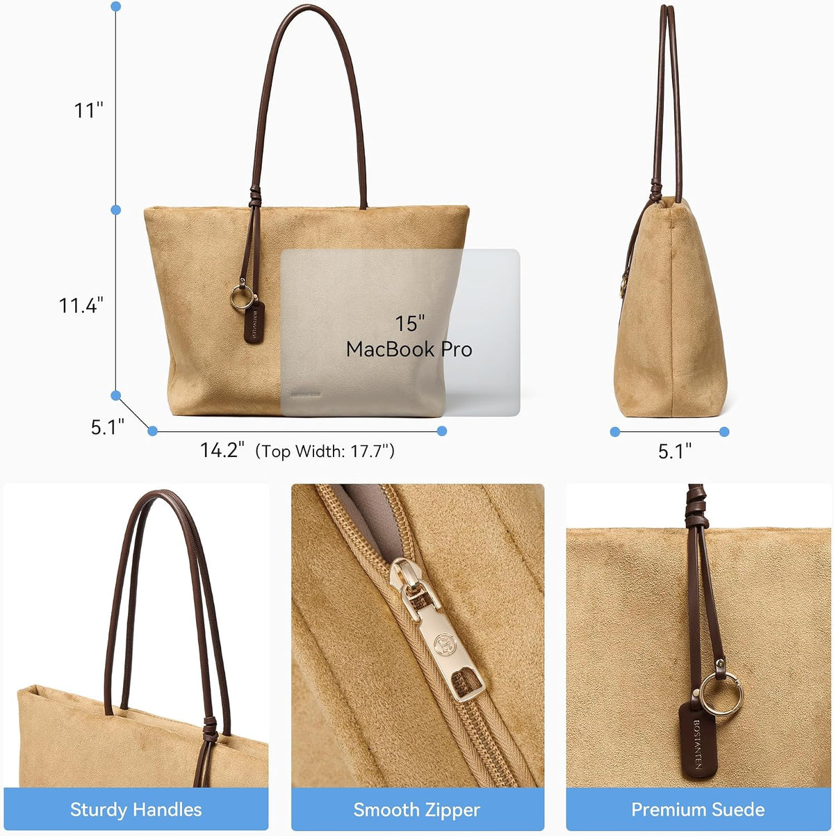 BOSTANTEN Slouchy Work Tote Bag Lightweight Faux Suede Purse Large Handbag