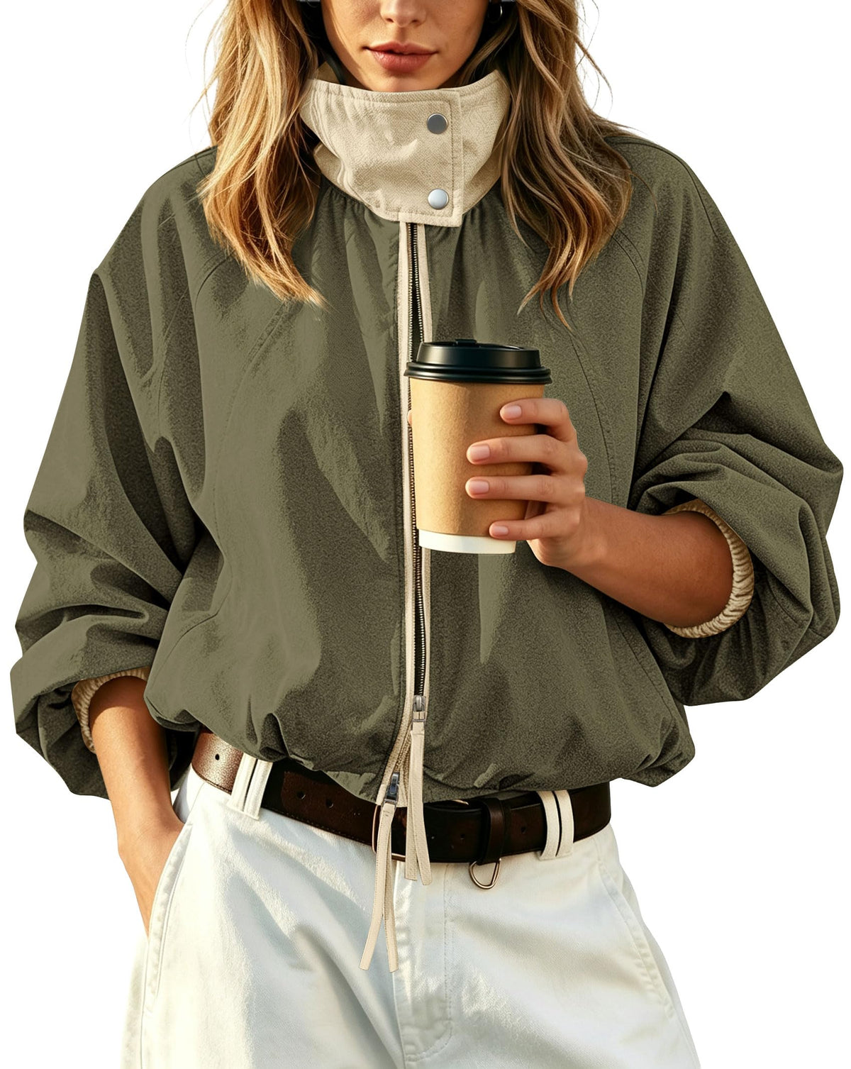 Womens Bomber Jacket Puffed Collar Trench Coat Funnel Neck Cropped Jackets
