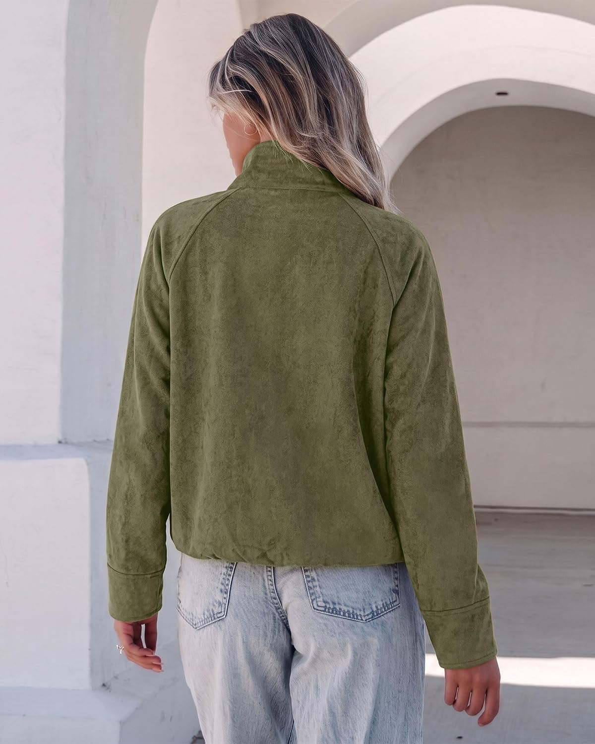 luvamia Faux Suede Jackets Women Oversized Cropped Funnel Neck Zip Up Coats