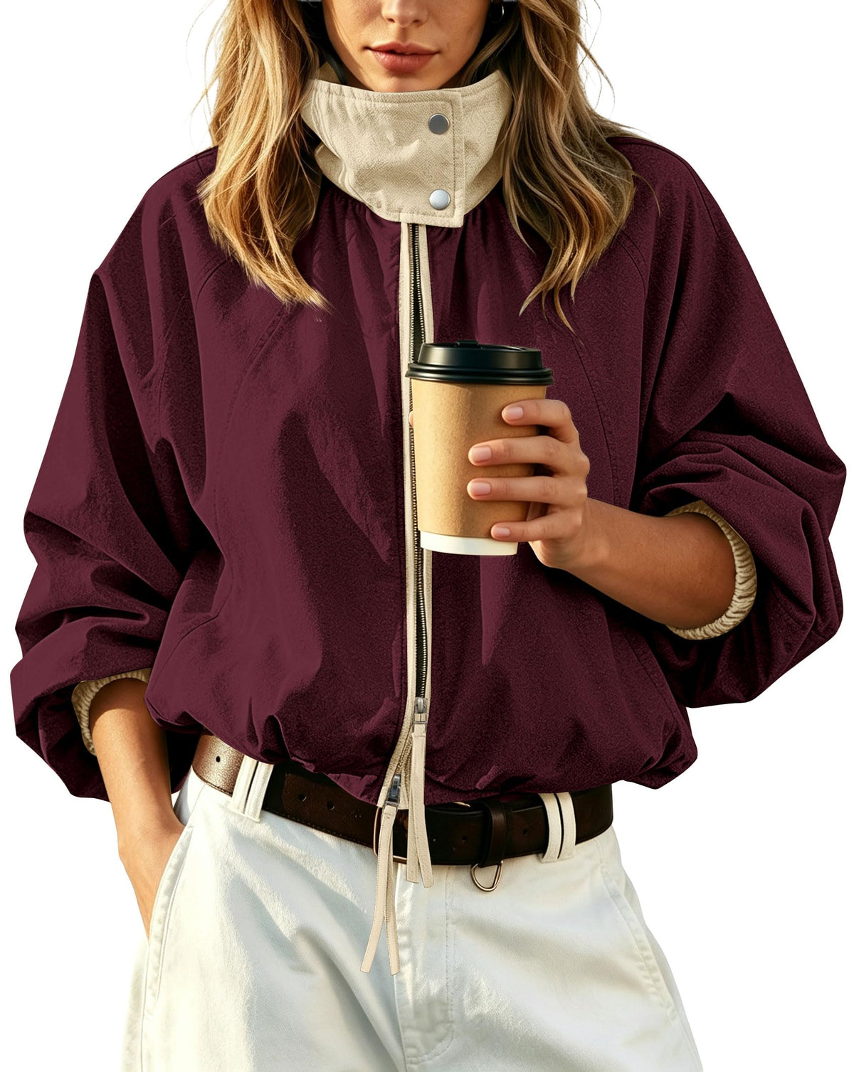 Womens Bomber Jacket Puffed Collar Trench Coat Funnel Neck Cropped Jackets