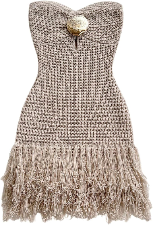 SweatyRocks Women's Boho Summer Vacation Strapless Crochet Fringe Tube Top Mini Dress