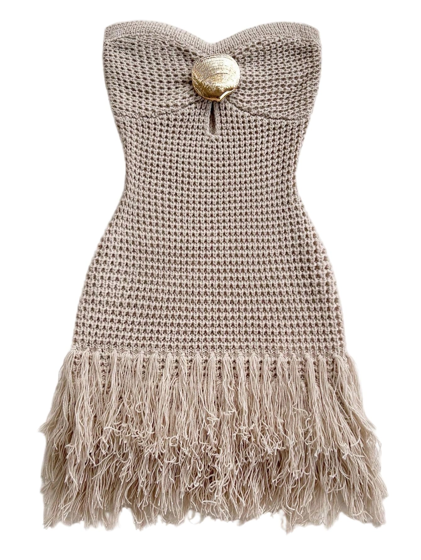 SweatyRocks Women's Boho Summer Vacation Strapless Crochet Fringe Tube Top Mini Dress